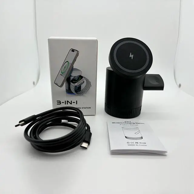 Alt view image 4 of 6 - 3-in-1 Magnetic 360° Rotation 15W Fast Wireless Charger Stand Multifunctional Foldable Charging Station Holder Earphone