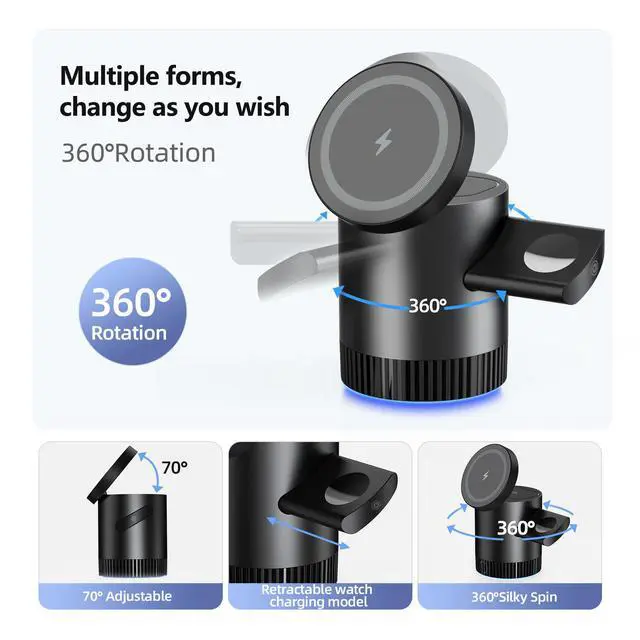 Alt view image 5 of 6 - 3-in-1 Magnetic 360° Rotation 15W Fast Wireless Charger Stand Multifunctional Foldable Charging Station Holder Earphone