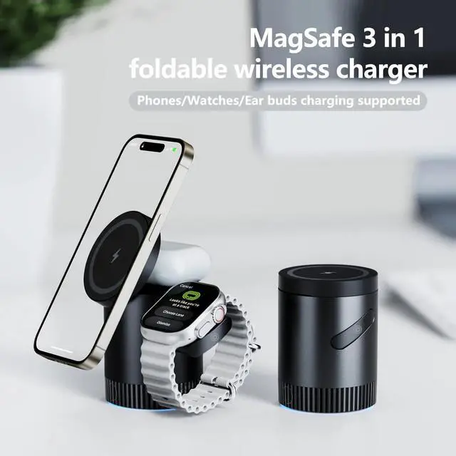 Alt view image 3 of 6 - 3-in-1 Magnetic 360° Rotation 15W Fast Wireless Charger Stand Multifunctional Foldable Charging Station Holder Earphone