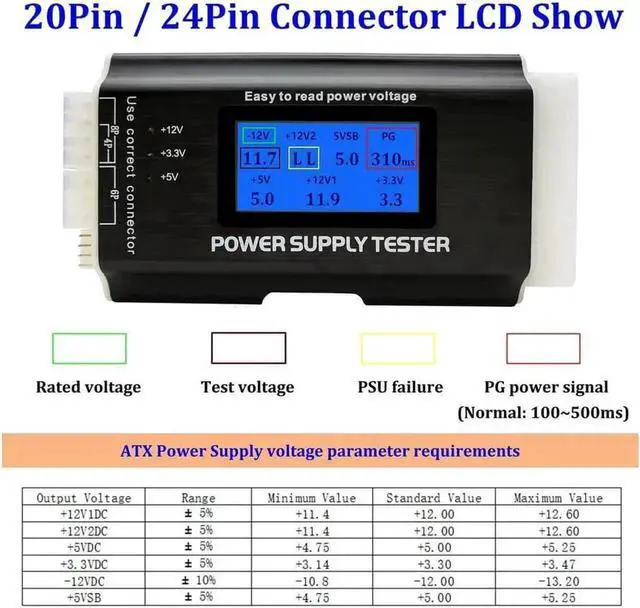 Alt view image 4 of 6 - Computer PC Power Supply Tester, ATX / ITX / IDE / HDD / SATA / BYI Connectors Power Supply Tester, 1.8'' LCD Screen (Aluminum Alloy Enclosure) PC LCD Power Supply Tester 20/24 pin 4 SATA HDD Testers