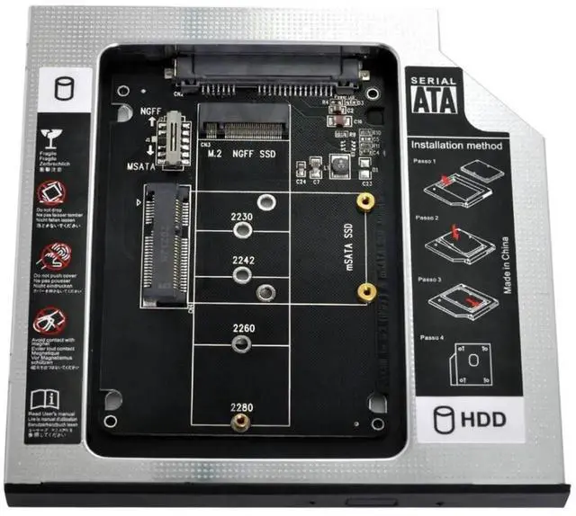 Alt view image 6 of 7 - Universal 9.5mm M.2 NGFF/mSATA SSD to SATA 2nd SSD HDD Hard Drive Caddy Upgrade Extension Adapter Tray Enclosures for Laptop Optical Drive Slot