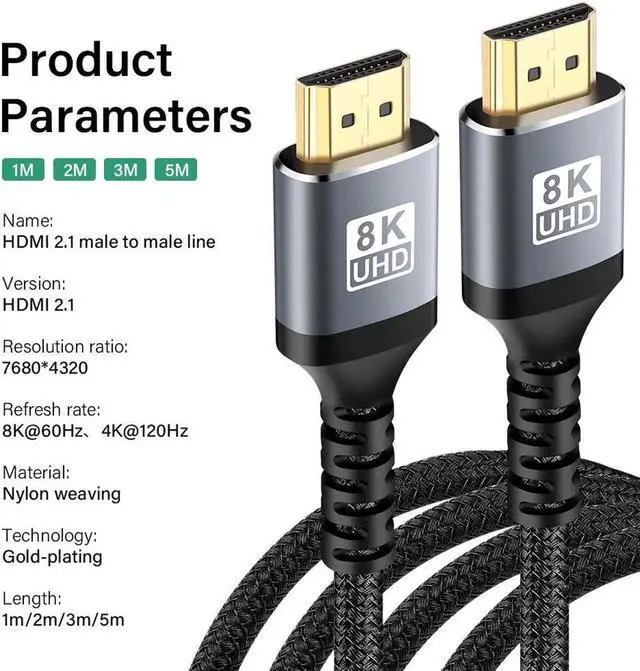 Alt view image 2 of 7 - 8K HDMI Cables - 16.4ft, Nylon Braid (8K@60Hz 7680x4320,4K@120Hz) HDMI To HDMI 2.1 Male Audio video Cable 48Gbps For Laptop PC Computer Monitor Camera HDTV - Support eARC HDR10 HDCP 2.2 & 2.3