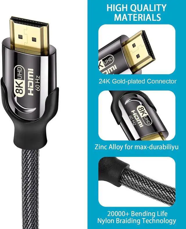 Alt view image 2 of 7 - 8K HDMI 2.1 Cable, 48Gbps Ultra HD Lead High-Speed Cord, Supports 8K@60Hz, 4K@120Hz, eARC HDR10, HDCP 2.2/2.3 Dolby, 3D, VRR, Compatible with Fire TV/Roku TV/PS5/Xbox/Nintendo Switch and More (3.3 ft)