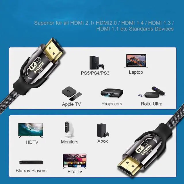 Alt view image 3 of 7 - 8K HDMI 2.1 Cable, 48Gbps Ultra HD Lead High-Speed Cord, Supports 8K@60Hz, 4K@120Hz, eARC HDR10, HDCP 2.2/2.3 Dolby, 3D, VRR, Compatible with Fire TV/Roku TV/PS5/Xbox/Nintendo Switch and More (16.4ft)