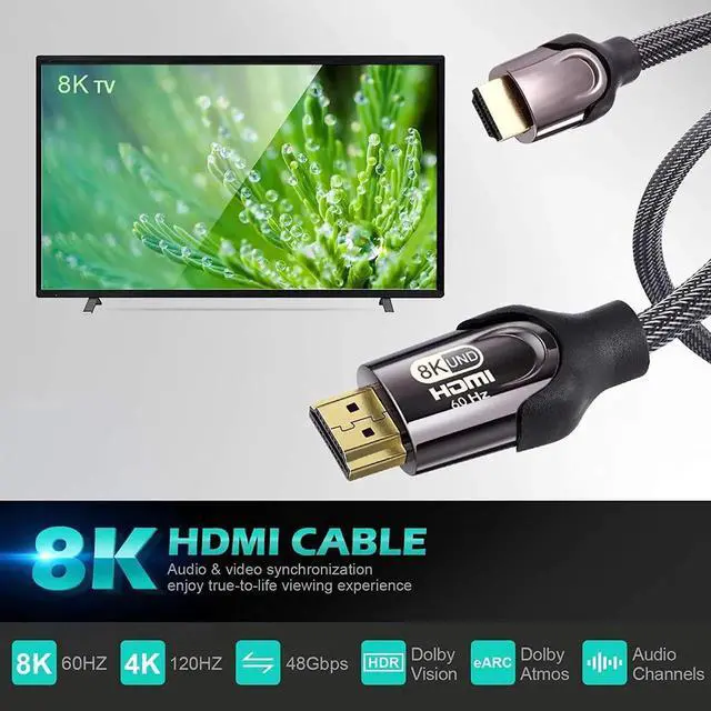 Alt view image 5 of 7 - 8K HDMI 2.1 Cable, 48Gbps Ultra HD Lead High-Speed Cord, Supports 8K@60Hz, 4K@120Hz, eARC HDR10, HDCP 2.2/2.3 Dolby, 3D, VRR, Compatible with Fire TV/Roku TV/PS5/Xbox/Nintendo Switch and More (16.4ft)