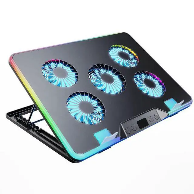 Alt view image 2 of 4 - Metal Laptop Cooling Pad with 5 Air Cooled Fans RGB Lighting Effects for 17 Inch Gaming Laptops