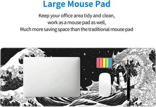 Alt view image 7 of 7 - Black and White Waves Sea Dragon Gaming Mouse Pad XL, Extended Large Mouse Mat Desk Pad, Stitched Edges Mousepad, Long Non-Slip Rubber Base Mice Pad, 31.5 X 11.8 Inch
