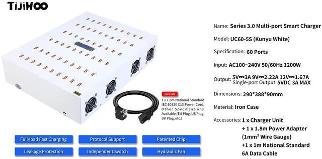 Alt view image 3 of 6 - 60-Port 1200W PD 3.0 QC3.0 Fireproof Fast Charging Station Laptops Tablets Cameras OTP/OVP Metal Desktop Charger