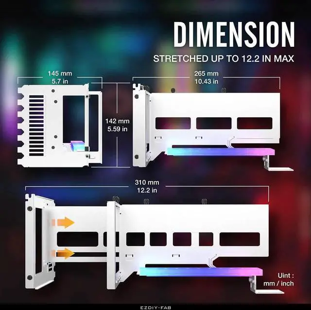 Alt view image 4 of 7 - Vertical PCIe 4.0 GPU Mount Bracket Graphic Card Holder with 5V 3 Pin ARGB LED Module, Video Card VGA Support Kit with PCIe 4.0 X16 Gen4 17cm/6.69in Riser Cable 90 Degree Right Angle- White