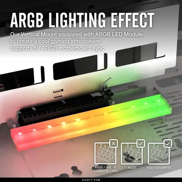 Alt view image 2 of 7 - Vertical PCIe 4.0 GPU Mount Bracket Graphic Card Holder with 5V 3 Pin ARGB LED Module, Video Card VGA Support Kit with PCIe 4.0 X16 Gen4 17cm/6.69in Riser Cable 90 Degree Right Angle- White