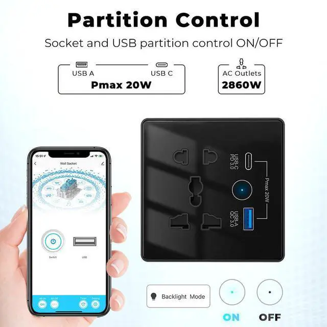 Alt view image 2 of 7 - Smart Wi-Fi+BLE Wall Socket with USB-C PD 3.0 and USB-A QC 3.0 Fast Charging Alexa Google Home 13A/2860W Max Load White 1USB+1TYPE-C WIFI