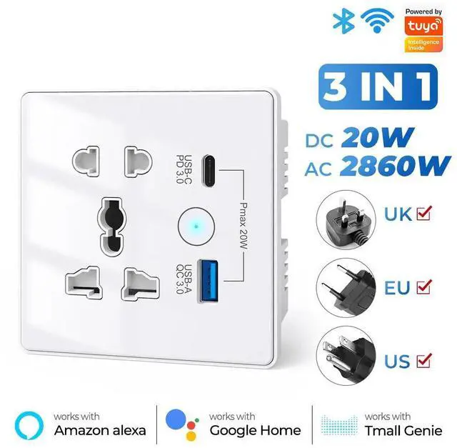 Main image of Smart Wi-Fi+BLE Wall Socket with USB-C PD 3.0 and USB-A QC 3.0 Fast Charging Alexa Google Home 13A/2860W Max Load White 1USB+1TYPE-C WIFI