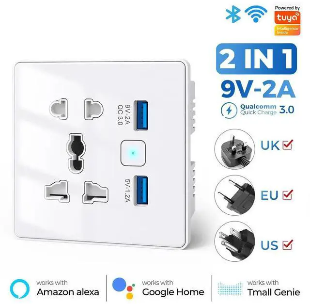 Main image of Smart Wi-Fi+BLE Wall Socket with USB-C PD 3.0 and USB-A QC 3.0 Fast Charging Alexa Google Home 13A/2860W Max Load White 2USB WIFI