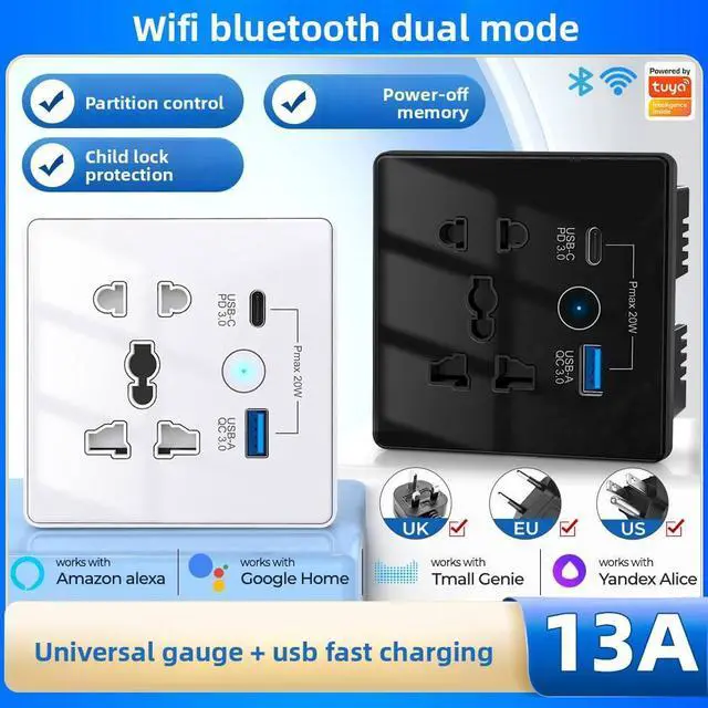Alt view image 3 of 5 - Smart Wi-Fi+BLE Wall Socket with USB-C PD 3.0 and USB-A QC 3.0 Fast Charging Alexa Google Home 13A/2860W Max Load Black 2 USB WIFI