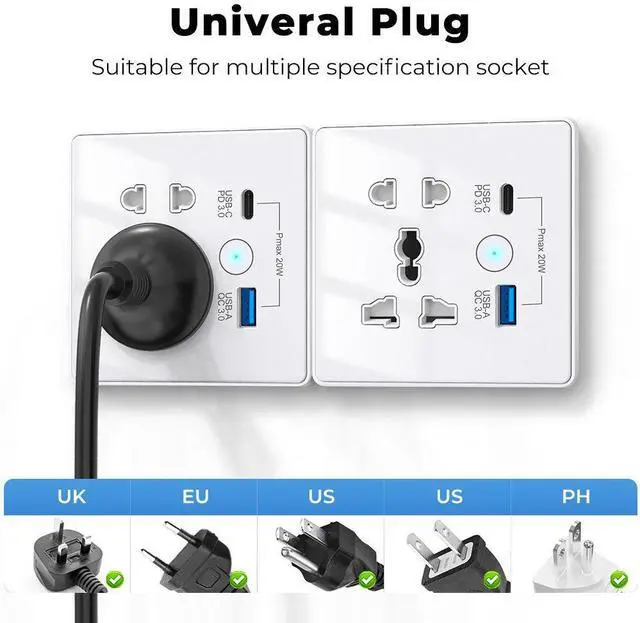 Alt view image 4 of 5 - Smart Wi-Fi+BLE Wall Socket with USB-C PD 3.0 and USB-A QC 3.0 Fast Charging Alexa Google Home 13A/2860W Max Load Black 2 USB WIFI