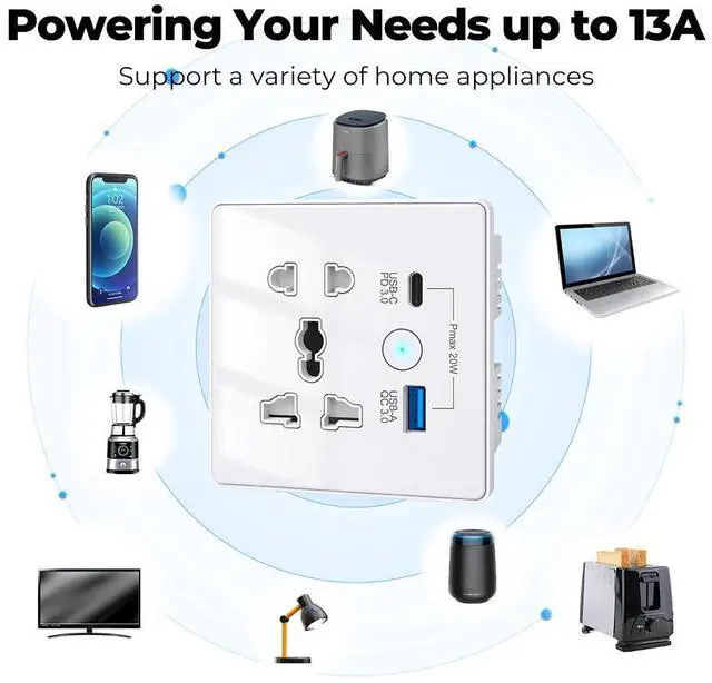 Alt view image 5 of 5 - Smart Wi-Fi+BLE Wall Socket with USB-C PD 3.0 and USB-A QC 3.0 Fast Charging Alexa Google Home 13A/2860W Max Load Black 2 USB WIFI