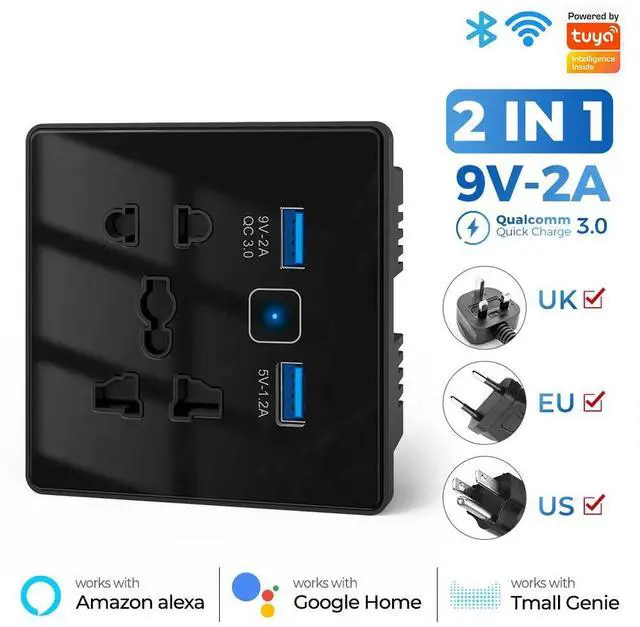 Main image of Smart Wi-Fi+BLE Wall Socket with USB-C PD 3.0 and USB-A QC 3.0 Fast Charging Alexa Google Home 13A/2860W Max Load Black 2 USB WIFI