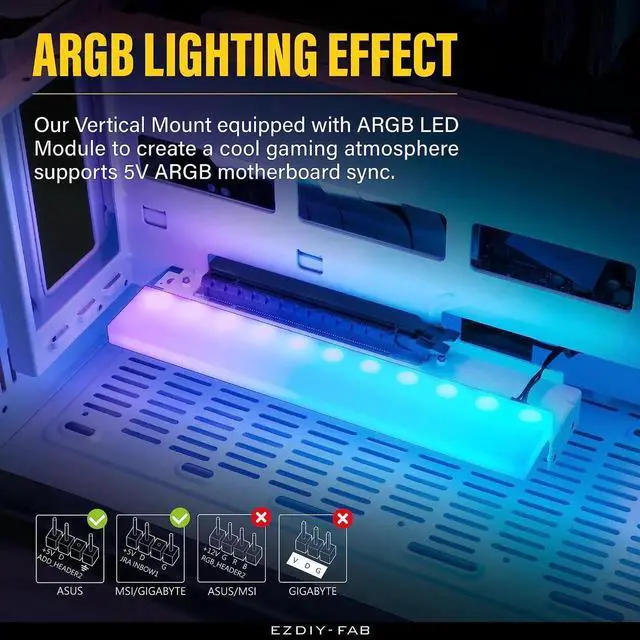 Alt view image 7 of 7 - Vertical PCIe 4.0 GPU Mount Bracket Graphic Card Holder with 5V 3 Pin ARGB LED Module, Video Card Support Kit with PCIe 4.0 X16 Gen4 17cm/6.69in White Riser Cable 90 Degree Right Angle-White