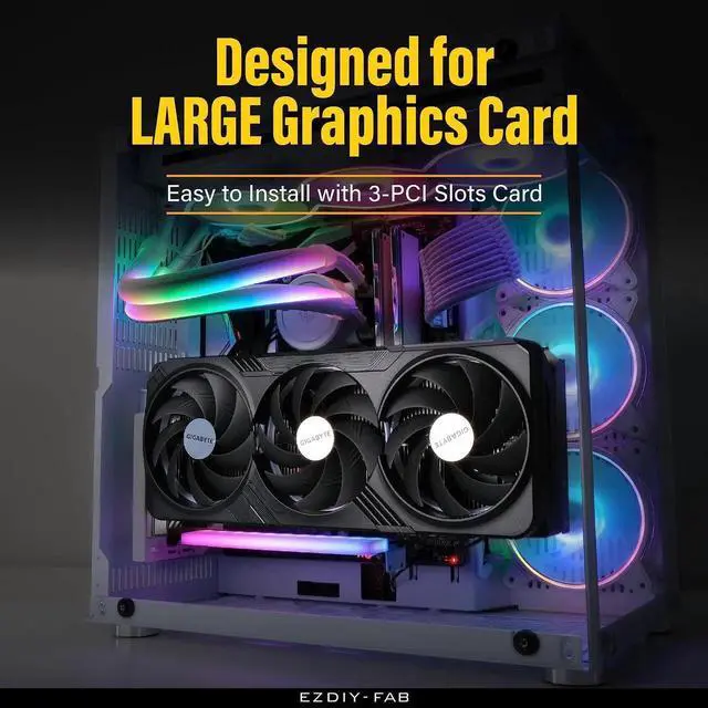 Alt view image 3 of 7 - Vertical PCIe 4.0 GPU Mount Bracket Graphic Card Holder with 5V 3 Pin ARGB LED Module, Video Card Support Kit with PCIe 4.0 X16 Gen4 17cm/6.69in White Riser Cable 90 Degree Right Angle-White