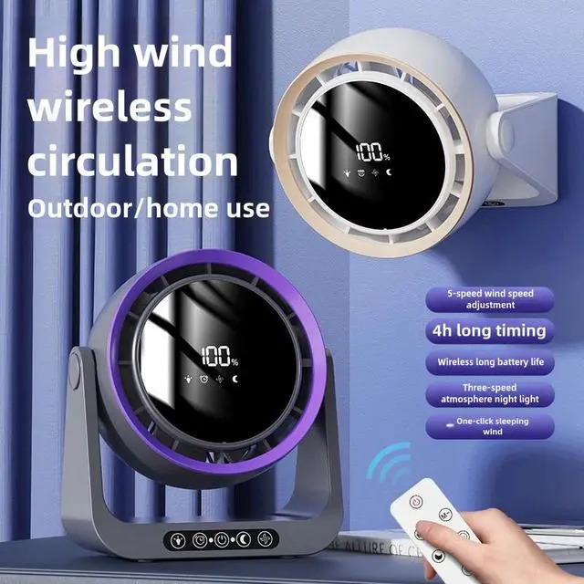 Alt view image 6 of 6 - USB Cycle Charging Digital Display Desktop Turbo Small Fan Black Leafless Technology for Home Household Outdoor Hotel Plastic
