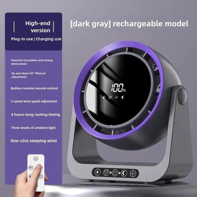 Alt view image 2 of 6 - USB Cycle Charging Digital Display Desktop Turbo Small Fan Black Leafless Technology for Home Household Outdoor Hotel Plastic Dark gray high trim