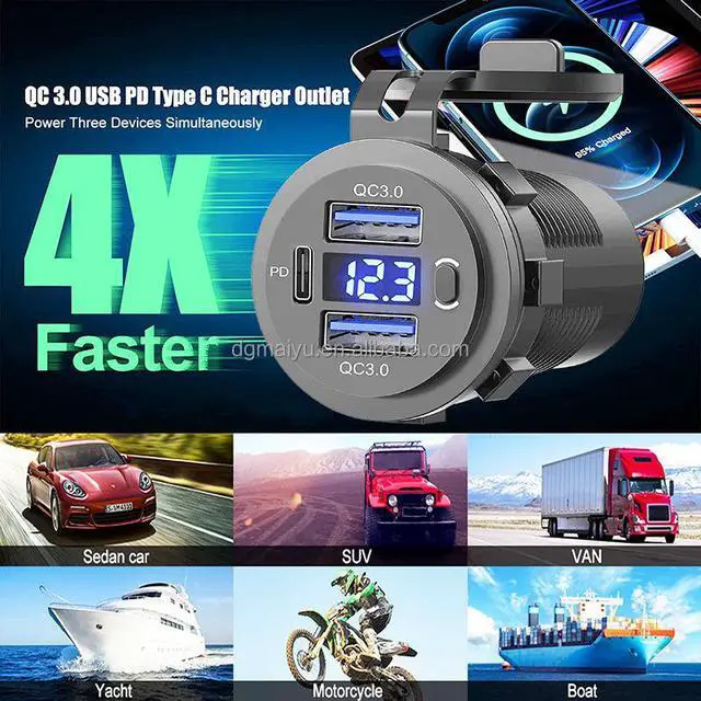 Alt view image 4 of 5 - 12-24V PD & QC3.0 USB Charger With LED Voltmeter Fast Car Charger Socket Outlet
