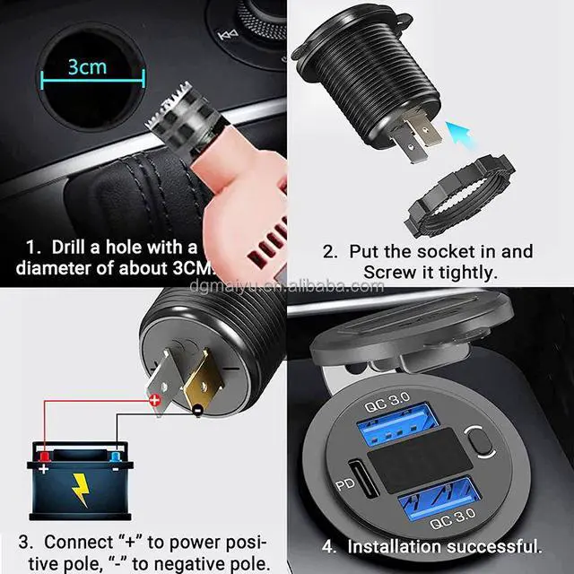 Alt view image 2 of 5 - 12-24V PD & QC3.0 USB Charger With LED Voltmeter Fast Car Charger Socket Outlet