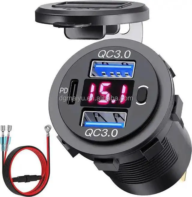 Main image of 12-24V PD & QC3.0 USB Charger With LED Voltmeter Fast Car Charger Socket Outlet