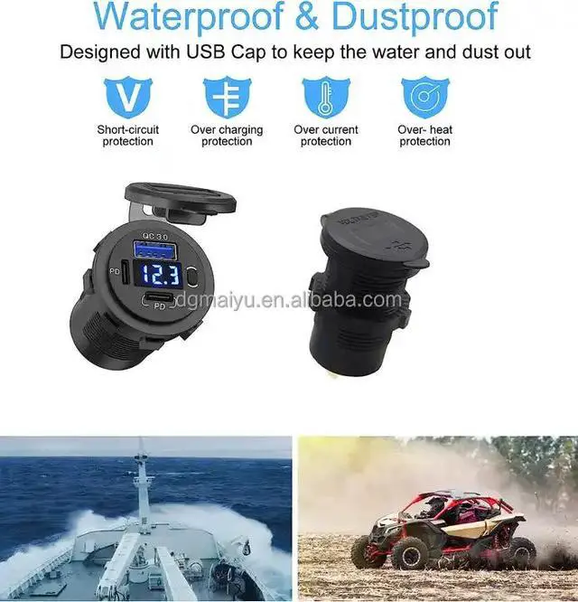 Alt view image 5 of 5 - 12-24V PD & QC3.0 USB Charger With LED Voltmeter Fast Car Charger Socket Outlet