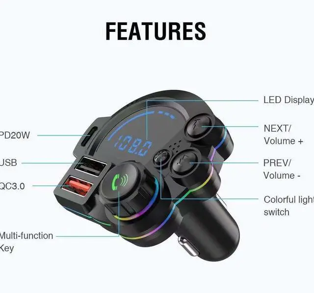 Alt view image 2 of 5 - V5.3 Car MP3 Music Hands-free Call New FM Transmitter QC3.0+PD20W Dual Fast Charging Car Charger