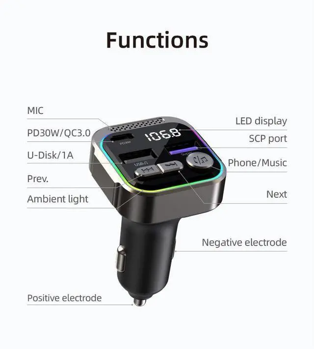 Alt view image 3 of 5 - Car Fast Charging Mp3 Player PD30W FM Transmitter With Usb Car Charger with 3D Stereoscopic Sound Quality Car MP3 Player