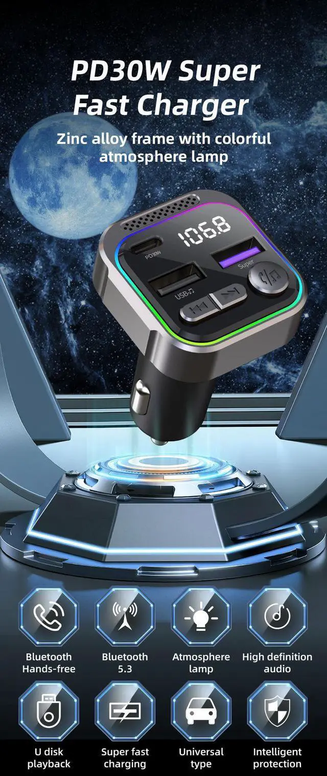 Alt view image 4 of 5 - Car Fast Charging Mp3 Player PD30W FM Transmitter With Usb Car Charger with 3D Stereoscopic Sound Quality Car MP3 Player