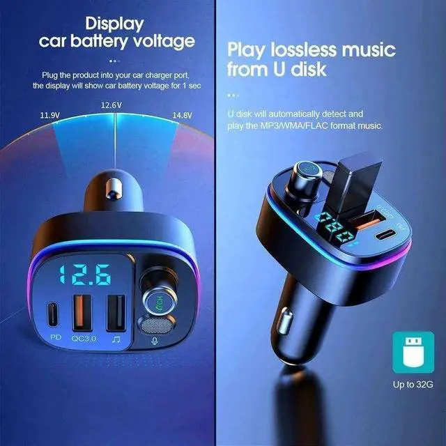 Alt view image 4 of 5 - QC 3.0 Multi Led Light PD Port Car Phone Charger Fast Charging Car BT 5.0 Wireless Stereo MP3 Player FM Transmitter