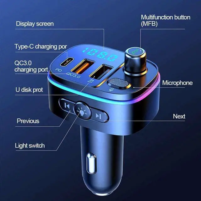 Alt view image 5 of 5 - QC 3.0 Multi Led Light PD Port Car Phone Charger Fast Charging Car BT 5.0 Wireless Stereo MP3 Player FM Transmitter