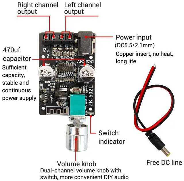 Alt view image 3 of 5 - ZK-502L MINI 50WX2 BT 5.0 Digital Speaker Amplifier Board Sound Module Knob with Volume Adjustment Switch