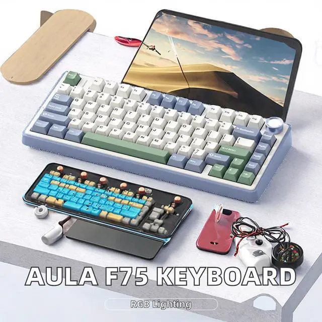 Alt view image 4 of 5 - F75 RGB LED 75% Wired & 2.4G Wireless Gaming Keyboard OEM Logo Custom PBT Mechanical Switch Kailh for New PC Desktop Users Sea salt blue reaper axis
