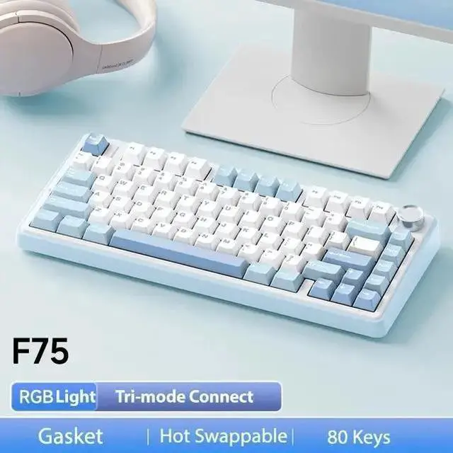 Main image of F75 RGB LED 75% Wired & 2.4G Wireless Gaming Keyboard OEM Logo Custom PBT Mechanical Switch Kailh for New PC Desktop Users Sea salt blue reaper axis