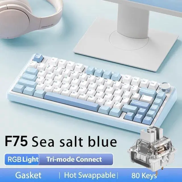 Alt view image 3 of 5 - F75 75% Customized Mechanical Keyboard Full Key Hot Swap 2.4 Wireless Three Mode Keyboard Gaming Mechanical Keyboard Sea salt blue light blue + white + dark blue Reaper switch
