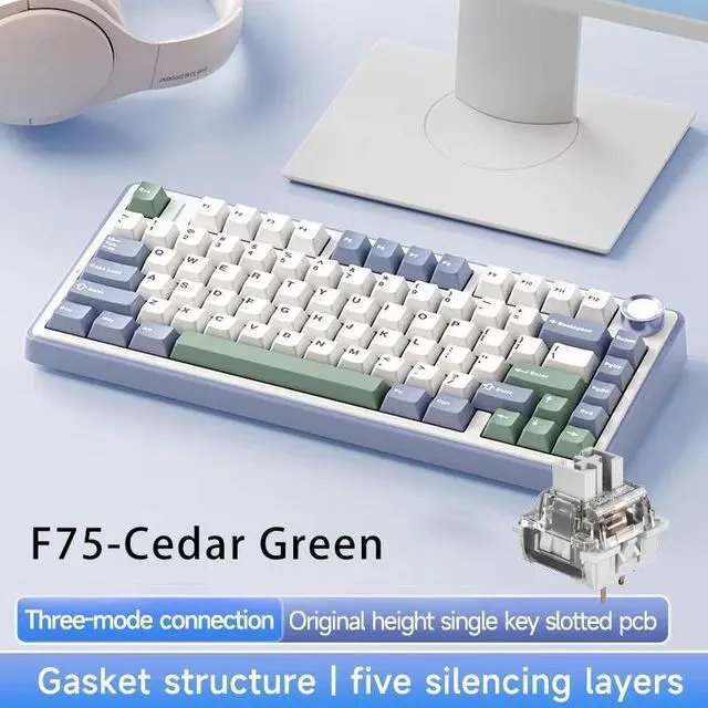 Alt view image 2 of 5 - F75 75% Customized Mechanical Keyboard Full Key Hot Swap 2.4 Wireless Three Mode Keyboard Gaming Mechanical Keyboard Sea salt blue light blue + white + dark blue Reaper switch