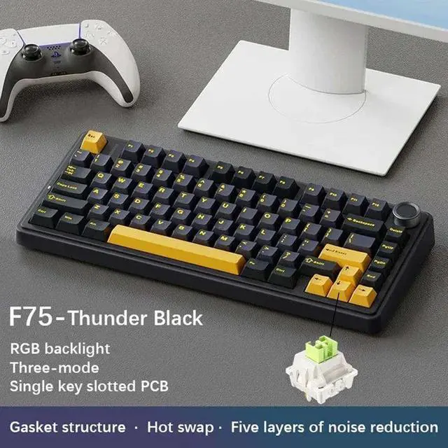 Alt view image 4 of 5 - F75 75% Customized Mechanical Keyboard Full Key Hot Swap 2.4 Wireless Three Mode Keyboard Gaming Mechanical Keyboard Sea salt blue light blue + white + dark blue Reaper switch