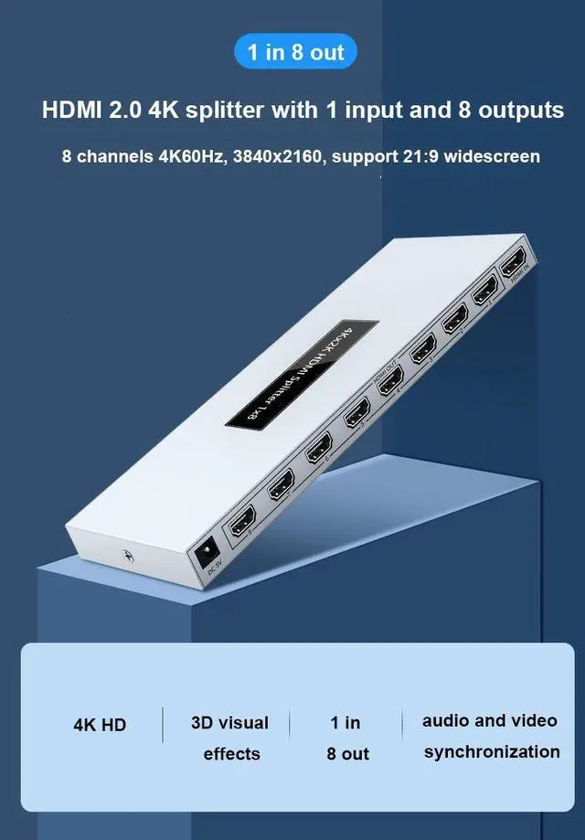 Alt view image 4 of 4 - High Definition 4Kx2K@60Hz HDMI2.0 Splitter 1X8 8 Ports 1 hdmi Input 8 hdmi Output Audio Video Equipment