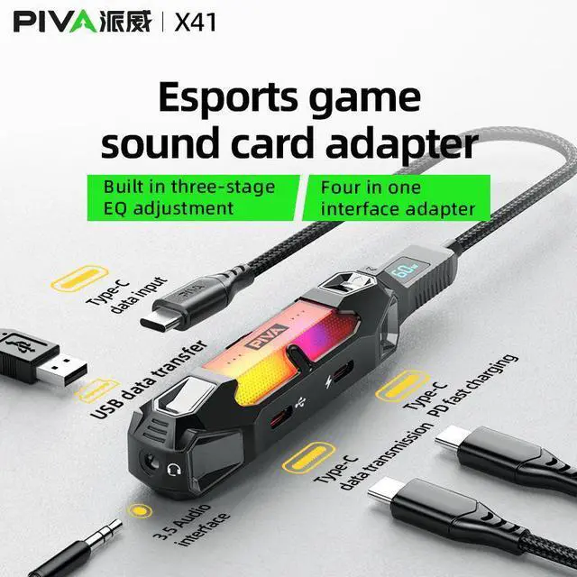 Alt view image 2 of 6 - 4 in 1 Game Sound Card Adapter Docking Station Type-C PD60W DAC 32bit/384kHz 3.5MM USB2.0 3-stage EQ Tuning RGB for PUBG