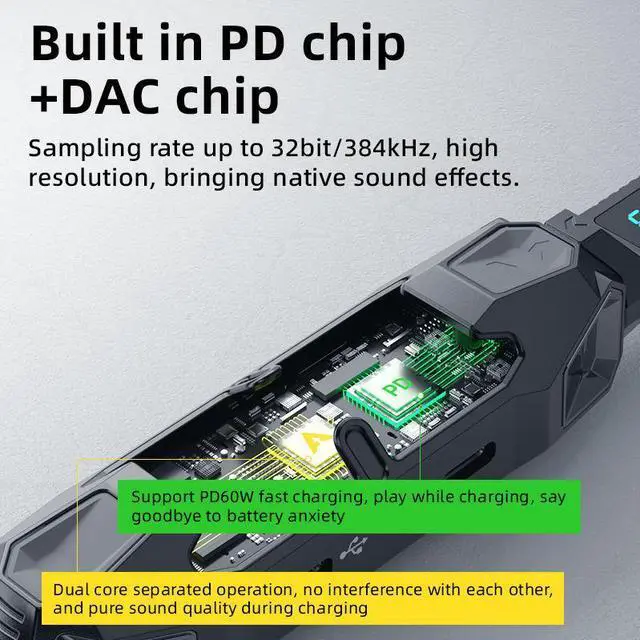 Alt view image 3 of 6 - 4 in 1 Game Sound Card Adapter Docking Station Type-C PD60W DAC 32bit/384kHz 3.5MM USB2.0 3-stage EQ Tuning RGB for PUBG