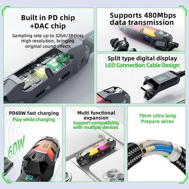 Alt view image 4 of 6 - 4 in 1 Game Sound Card Adapter Docking Station Type-C PD60W DAC 32bit/384kHz 3.5MM USB2.0 3-stage EQ Tuning RGB for PUBG