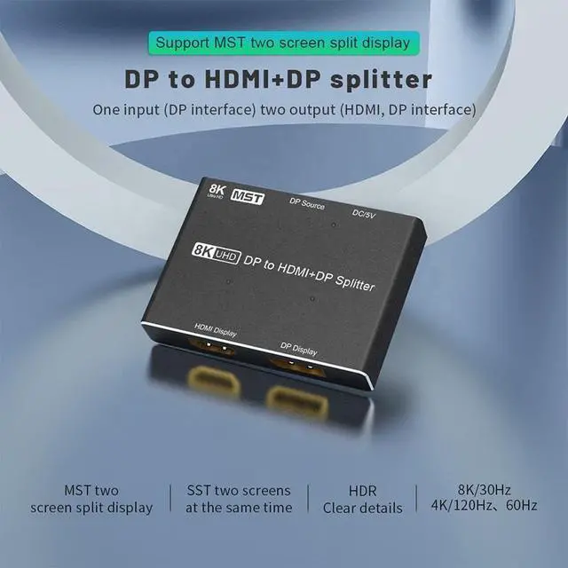Alt view image 6 of 6 - MST DP DP to HDMI and DP DP Splitter Adapter Box Black Support 2.1 8K 60Hz 4K 120Hz 7860x4320 Resolution