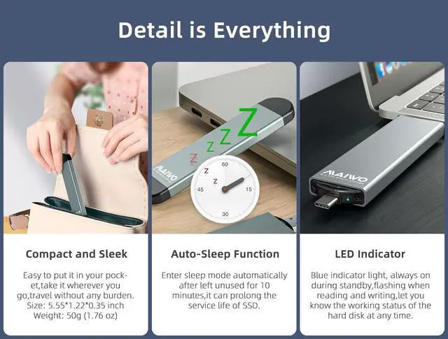 Alt view image 6 of 6 - Dual Protocol NVMe and External SATA 10Gbps USB Adapter with USB-A and USB-C Aluminum M.2 SSD Enclosure Black