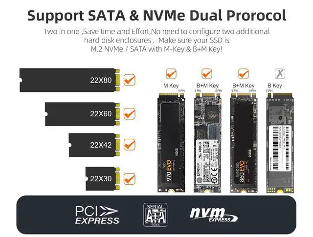 Alt view image 4 of 6 - Dual Protocol NVMe and External SATA 10Gbps USB Adapter with USB-A and USB-C Aluminum M.2 SSD Enclosure Black