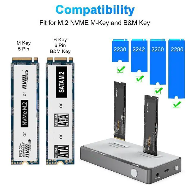 Alt view image 2 of 5 - USB 3.2 NVMe M.2 Duplicator Dual-Bay Offline Clone USB C to NVME Docking Station M2 SSD M Key Hard Drives Enclosure