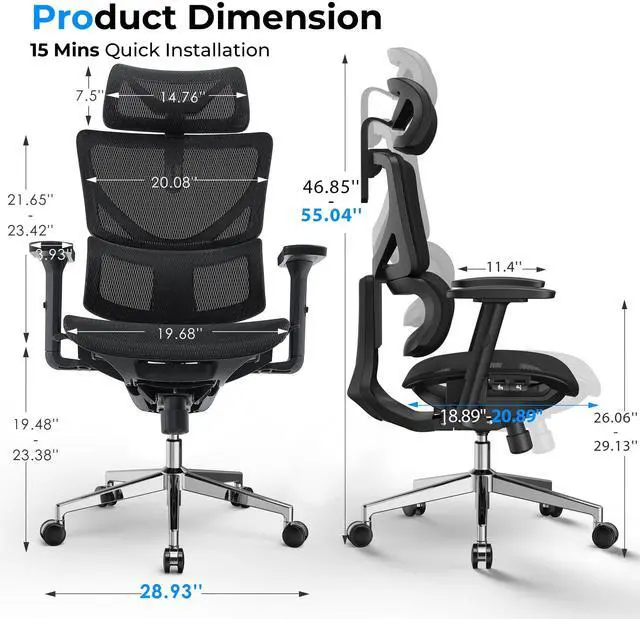 Alt view image 2 of 7 - CabeVibe 350lbs Capacity Gaming Chair Ergonomic Office Chair Mesh Chair with Dynamic Lumbar Support, Black