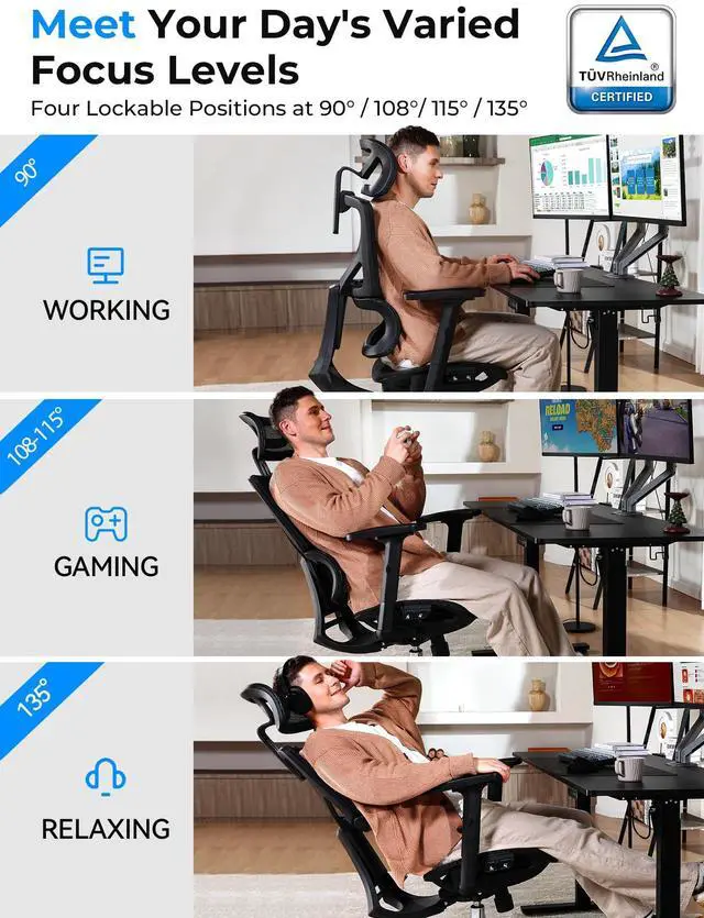 Alt view image 3 of 7 - CabeVibe 350lbs Capacity Gaming Chair Ergonomic Office Chair Mesh Chair with Dynamic Lumbar Support, Black